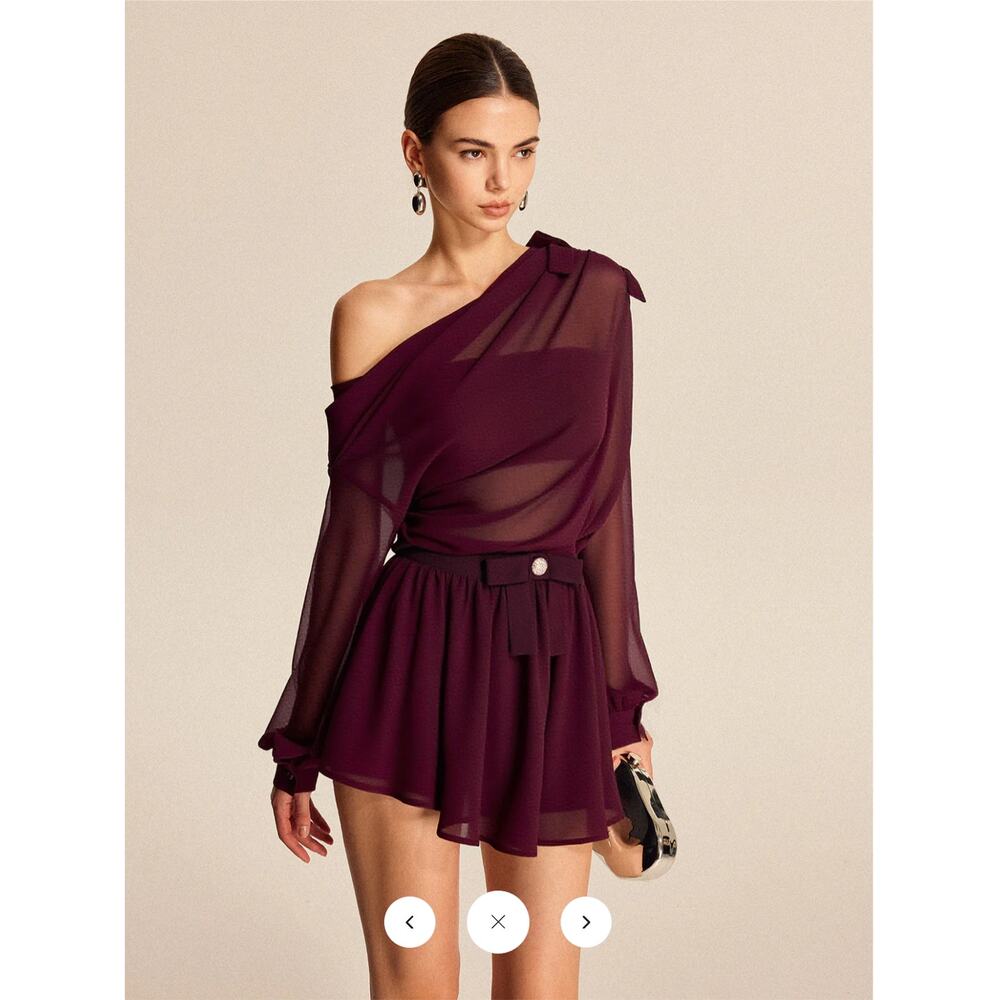 Semi-Sheer Chiffon One-Shoulder Bow Detail Skirt Set Sz M